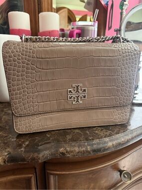 Tory Burch Taupe Croc-Embossed Chain Shoulder Bag with Silver Hardware